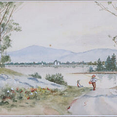 Antique Watercolor on Paper “Fishing by the Lake”