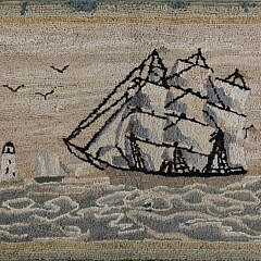 Antique Clipper Ship Hooked Rug Mounted on Board with Lighthouse