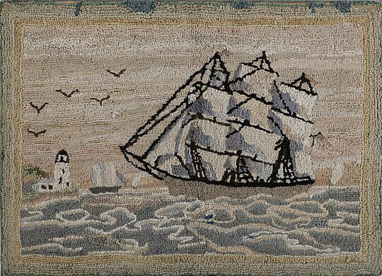 Antique Clipper Ship Hooked Rug Mounted on Board with Lighthouse