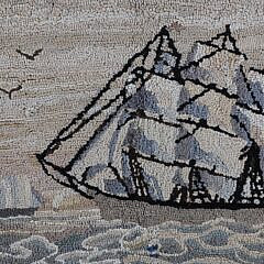 Antique Clipper Ship Hooked Rug Mounted on Board with Lighthouse