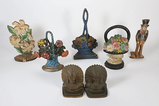 Collection of Five Antique and Vintage Doorstops and Native American Chief Bookends
