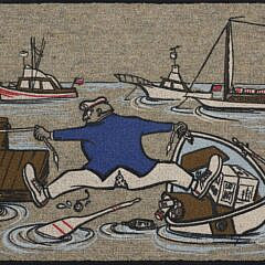 Vintage Painted Pictorial Sailor Machine Made Rug