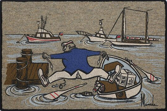 Vintage Painted Pictorial Sailor Machine made Rug