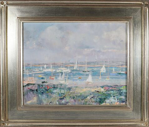 Isabelle Tuttle Oil on Canvas Board "Sailboats in Nantucket Harbor"