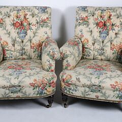 Pair of Floral Upholstered Tufted Back, Rolled Arm Club Chairs