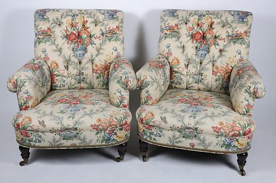 Pair of Floral Upholstered Tufted Back, Rolled Arm Club Chairs