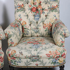 Pair of Floral Upholstered Tufted Back, Rolled Arm Club Chairs