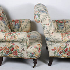 Pair of Floral Upholstered Tufted Back, Rolled Arm Club Chairs