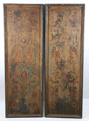 Pair of Antique Painted Panels Decorated with Angels, Doves and Foliage