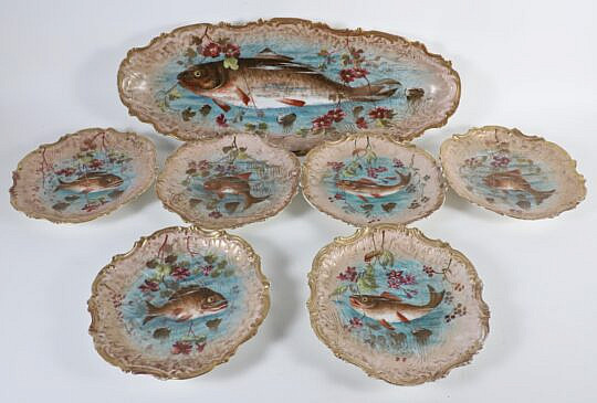Set of Six Limoges France Hand Painted Fish Plates and Matching Platter