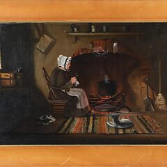 James Walter Folger Oil on Canvas "Knitting by the Fireplace", circa 1888