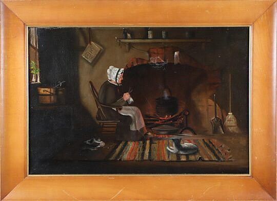 James Walter Folger Oil on Canvas "Knitting by the Fireplace", circa 1888
