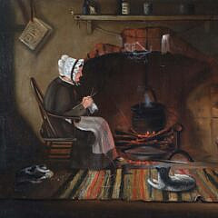 James Walter Folger Oil on Canvas “Knitting by the Fireplace”, circa 1888