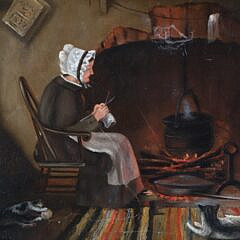 James Walter Folger Oil on Canvas “Knitting by the Fireplace”, circa 1888