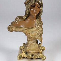Gilt Metal Art Nouveau Bust of a Young Lady Titled "Bohemienne" on Marble Base 