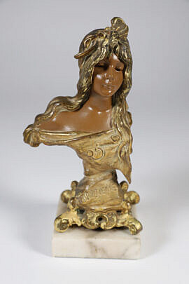 Gilt Metal Art Nouveau Bust of a Young Lady Titled "Bohemienne" on Marble Base 