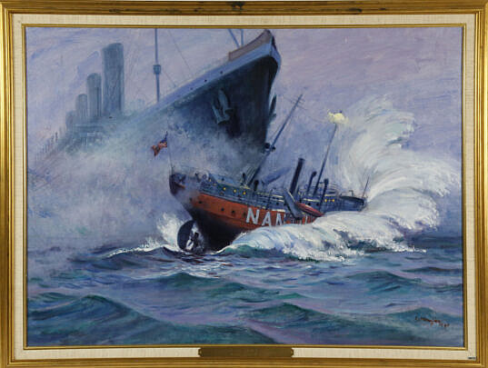 Charles J. Mazoujian Oil on Canvas "Lightship Nantucket Sunk by R.M.S. Olympic"
