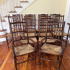 Twelve Custom English Lancashire-Style Spindle-Back Dining Chairs with Woven Rush Seats