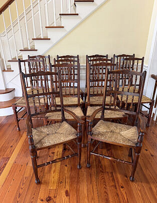 Twelve Custom English Lancashire-Style Spindle-Back Dining Chairs with Woven Rush Seats