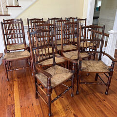 Twelve Custom English Lancashire-Style Spindle-Back Dining Chairs with Woven Rush Seats