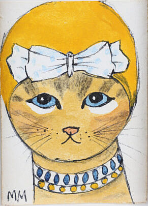 Miniature Maggie Meredith Watercolor "Cat with Bow"