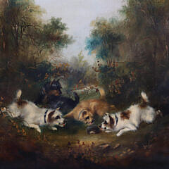 George Armfield Oil on Canvas “Four Terriers On the Hunt”, 19th Century