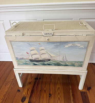 Tole Marine Decorated Trunk on Frame "Portrait of the Ship Medora Off White Haven"