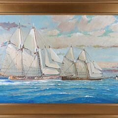 William Lowe Oil on Linen “Schooner with Brant Point in the Distance”