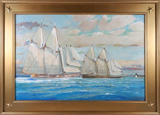 William Lowe Oil on Linen "Schooner with Brant Point in the Distance"
