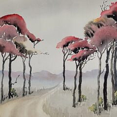Scarce Large Format Doris and Richard Beer Nantucket Watercolor “Polpis Trees”