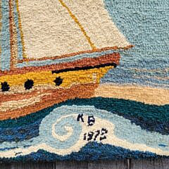 Fine Vintage Nautical Sailing Ship Folk Art Hooked Rug