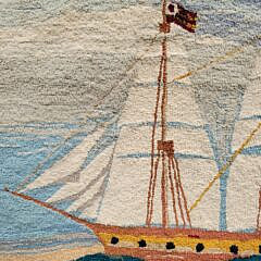 Fine Vintage Nautical Sailing Ship Folk Art Hooked Rug