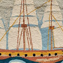 Fine Vintage Nautical Sailing Ship Folk Art Hooked Rug