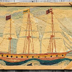 Fine Vintage Nautical Sailing Ship Folk Art Hooked Rug