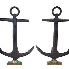 Pair of Antique Cast Iron Nautical Anchor Fireplace Andirons