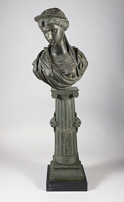 "Peiffer" Signed Neoclassical Bust of a Woman on Classical Column with Lion