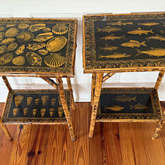Two Vintage Bamboo Fish and Seashell Decoupage Two Tier Side Tables