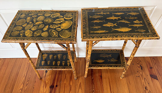Two Vintage Bamboo Fish and Seashell Decoupage Two Tier Side Tables