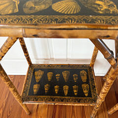 Two Vintage Bamboo Fish and Seashell Decoupage Two Tier Side Tables