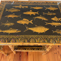 Two Vintage Bamboo Fish and Seashell Decoupage Two Tier Side Tables