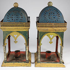 Pair of Antique Cut Tin and Polychromed Candle Lanterns