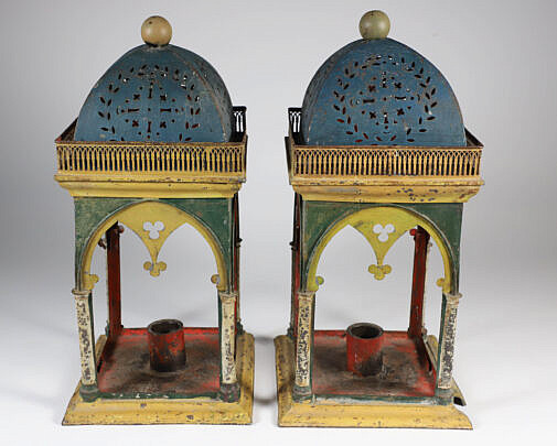 Pair of Antique Cut Tin and Polychromed Candle Lanterns