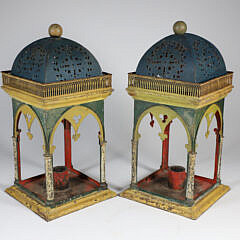 Pair of Antique Cut Tin and Polychromed Candle Lanterns