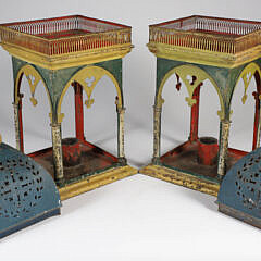 Pair of Antique Cut Tin and Polychromed Candle Lanterns