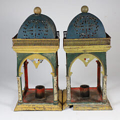 Pair of Antique Cut Tin and Polychromed Candle Lanterns