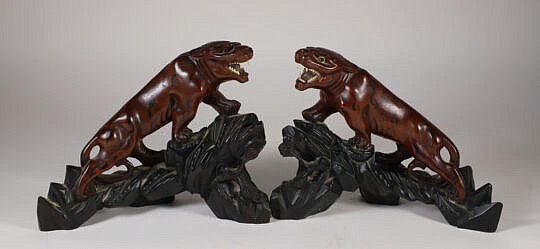 Pair of Vintage Chinese Carved Wood Tigers