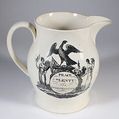Antique Liverpool Creme Ware Pitcher “Peace, Plenty, and Independence”, with clipper ship on reverse