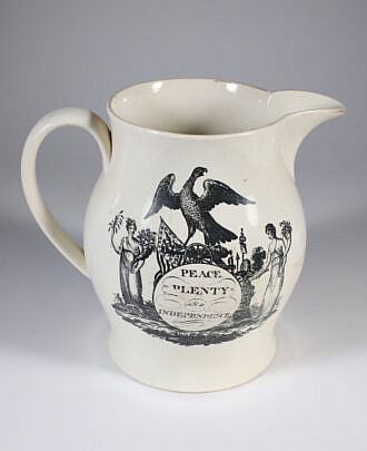 Antique Liverpool Creme Ware Pitcher "Peace, Plenty, and Independence", with clipper ship on reverse