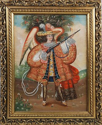 Antique Tempera on Board "Angel Arcabucero"