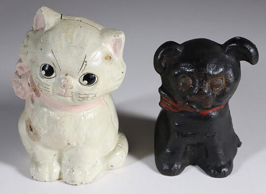 Two Antique Painted Cast Iron Cat Still Banks